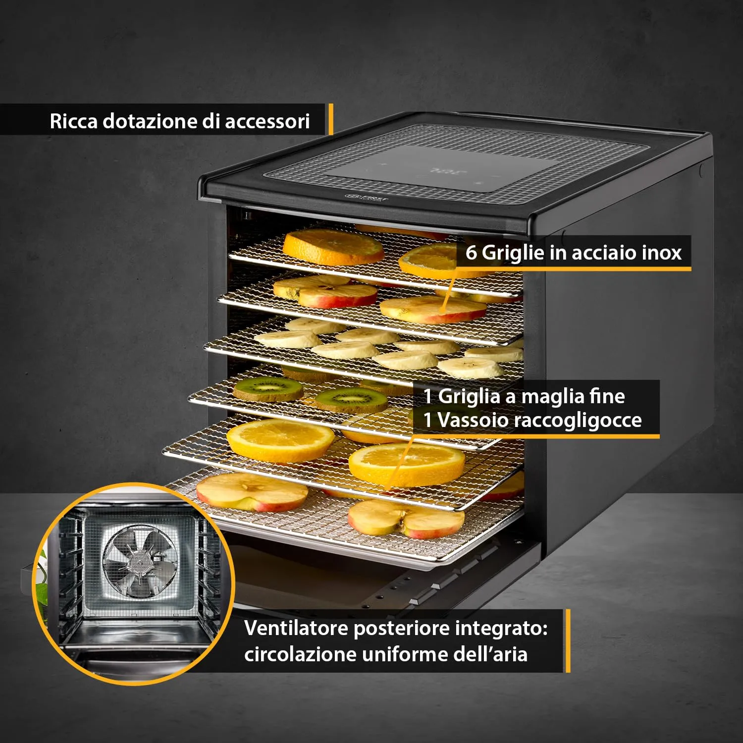 First Austria Essiccatore Digitale 6 Ripiani Inox 35-70°C