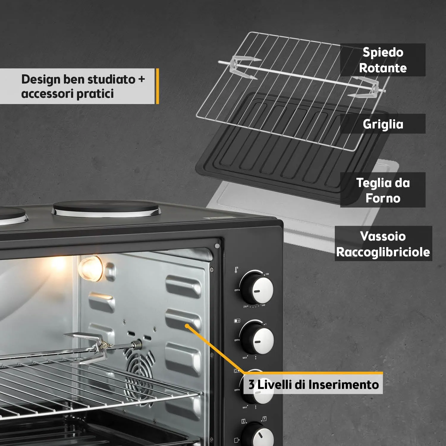 First Austria 30L mini forno con fornelli spiedo 3200W