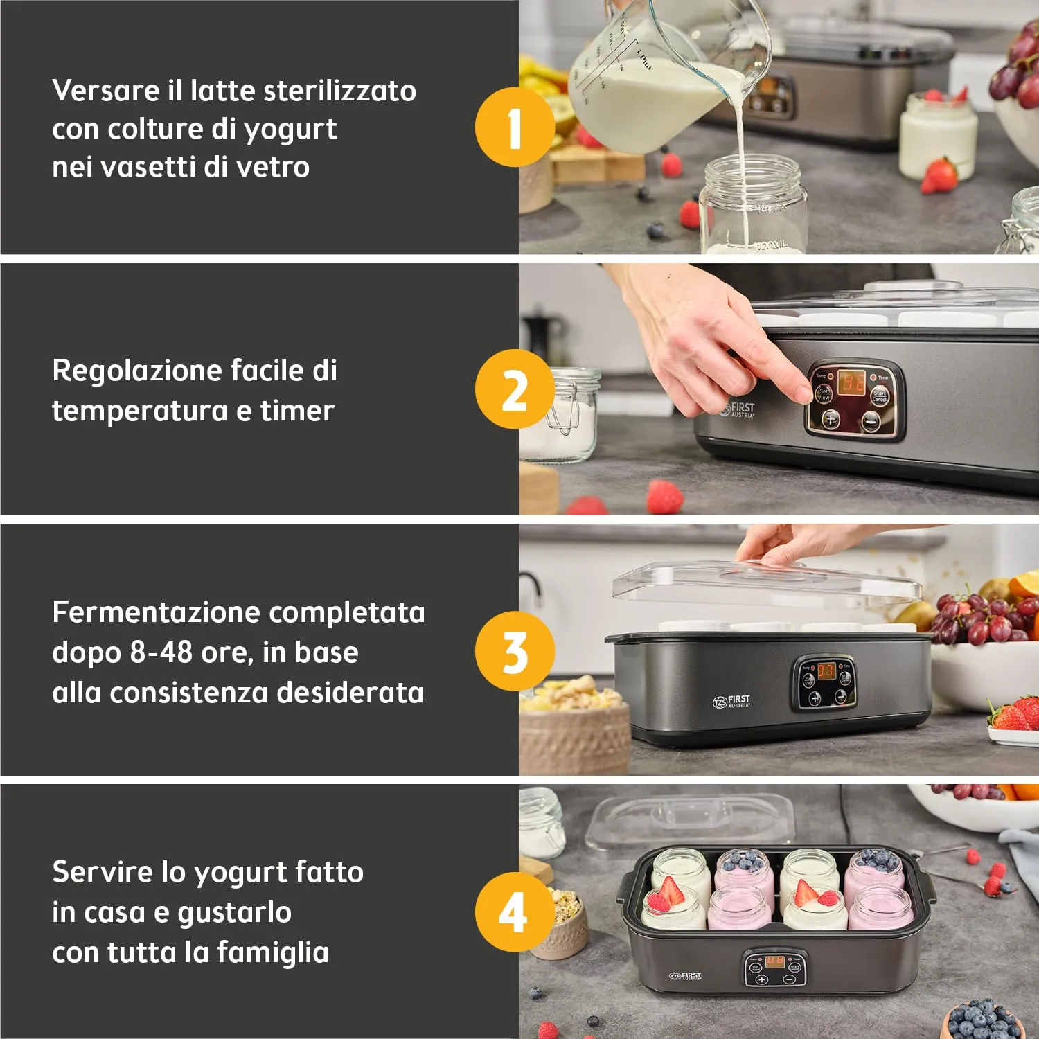 First Austria Yogurtiera Elettrica 8 Vasetti Grigio 1,4L