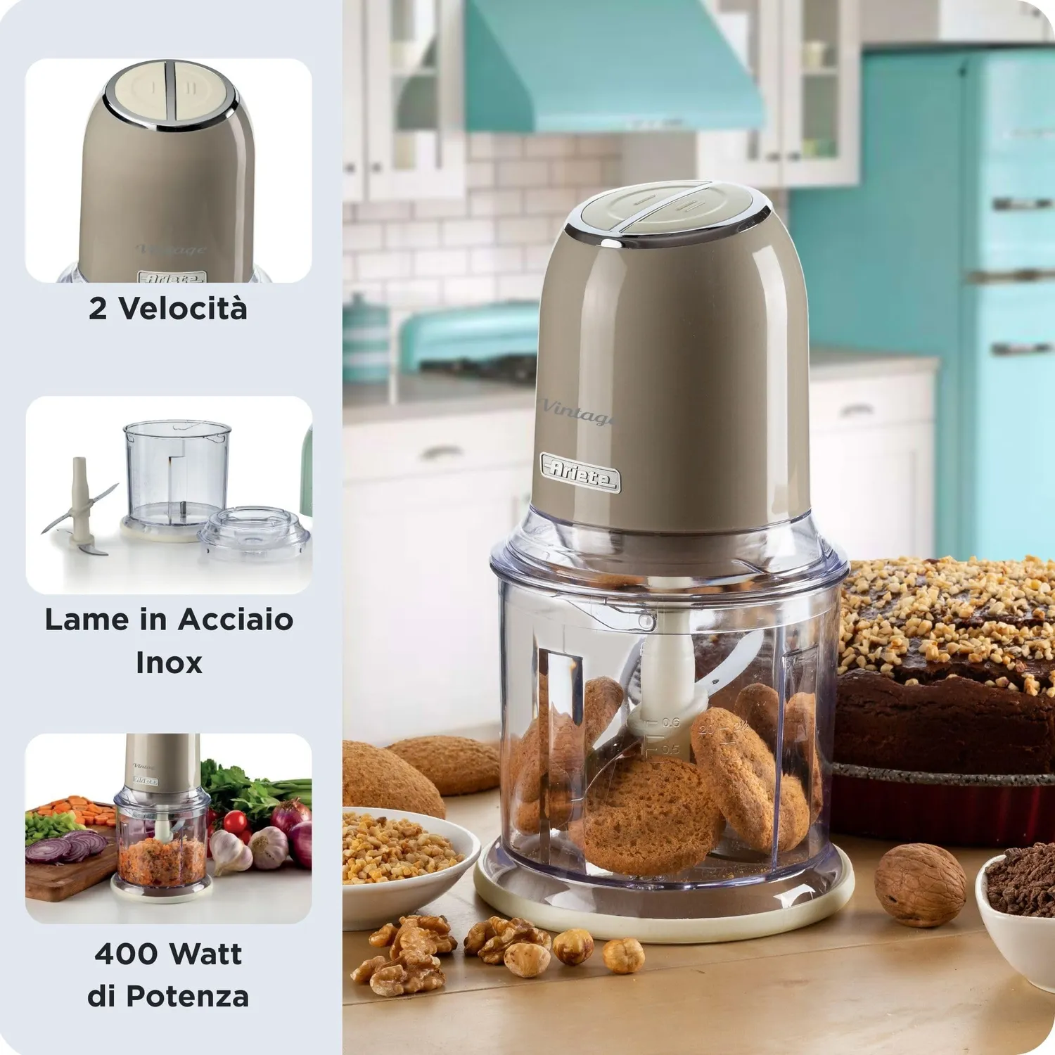 Ariete Vintage 438 Tritatutto Beige 600 ml 4 Lame Inox